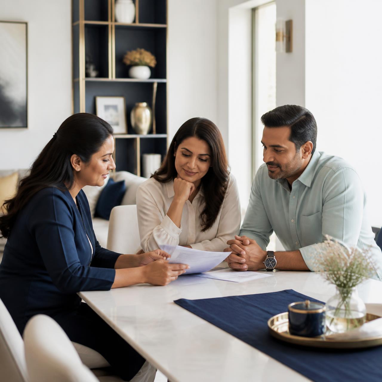 An Indian couple discussing long-term financial goals with a financial professional