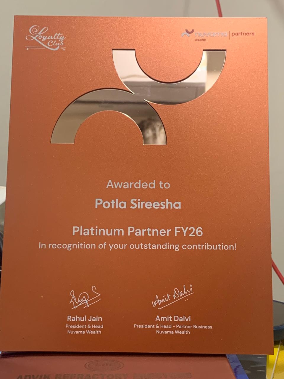 NuVama Wealth Platinum Partner FY26 recognition awarded to Mrs. Potla Sireesha
